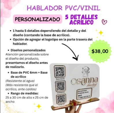 Hablador PVC/5 detalles en ACRÍLICO