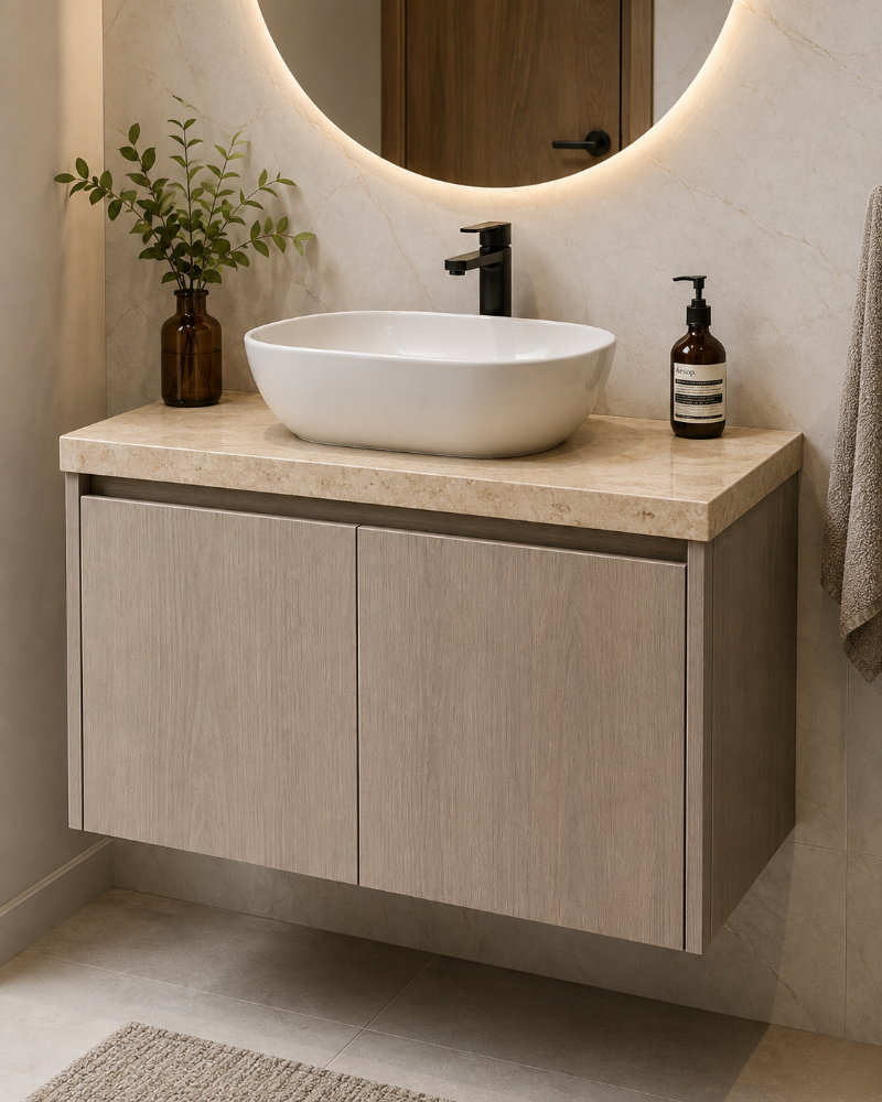 MUEBLE DE BAÑO DE 70X50 CON MESÓN MARMOL CREMA MARFIL