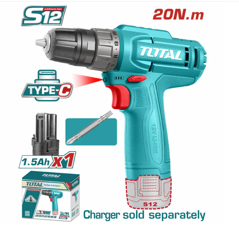 TALADRO INALAMBRICO 1/32/3/8" 12V 20NM INCLUYE 1 BATERIA 1.5AH, 1 PUNTA DESTORNILLADOR CARGA TIPO C SUPER TOTAL (TDLI12456)