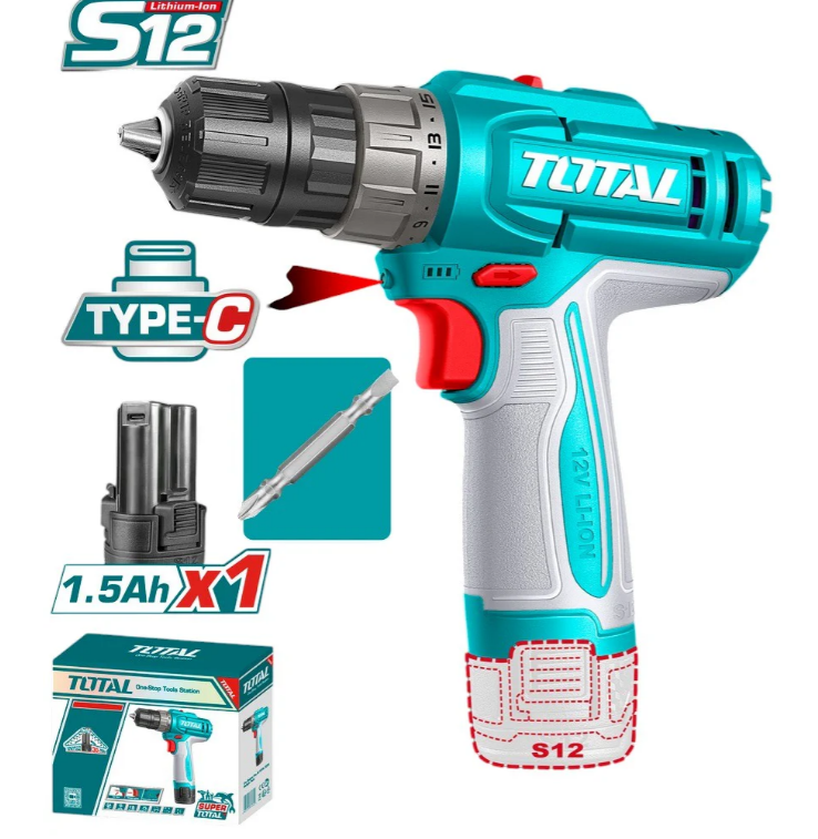 TALADRO INALAMBRICO 3/8 (10MM) 20NM 12V INCLUYE 1 BATERIA DE 1.5AH CARGADOR TIPO-C NO INCLUIDO SUPER TOTAL (TDLI122061)
