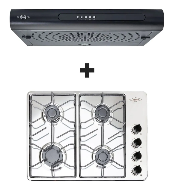 Kit Hogar practico: Campana Tofu Negra 3 V + Estufa de empotrar inox 60x43 cm alambrón a gas natural