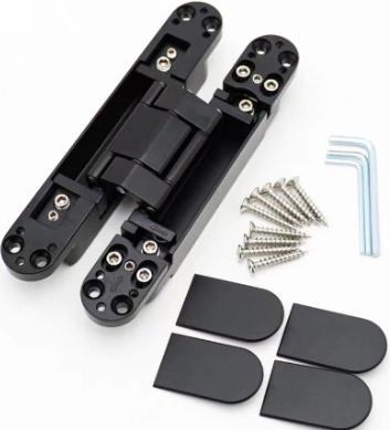 FORZA-Bisagra invisible30KLS Ajuste 3D. Color Negro. Angulo de apertura 180° . Medidas 25x150mm. Material: Zinc Alloy. Capacidad de carga 30Kls. Con Tornillos, llaves y tapas decorativas