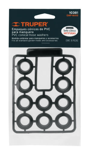 BOLSA CON 10 EMPAQUES DE PVC, ANTIFUGA PARA MANGUERA, TRUPER, CODIGO: 10381, CLAVE: EMP-MA10