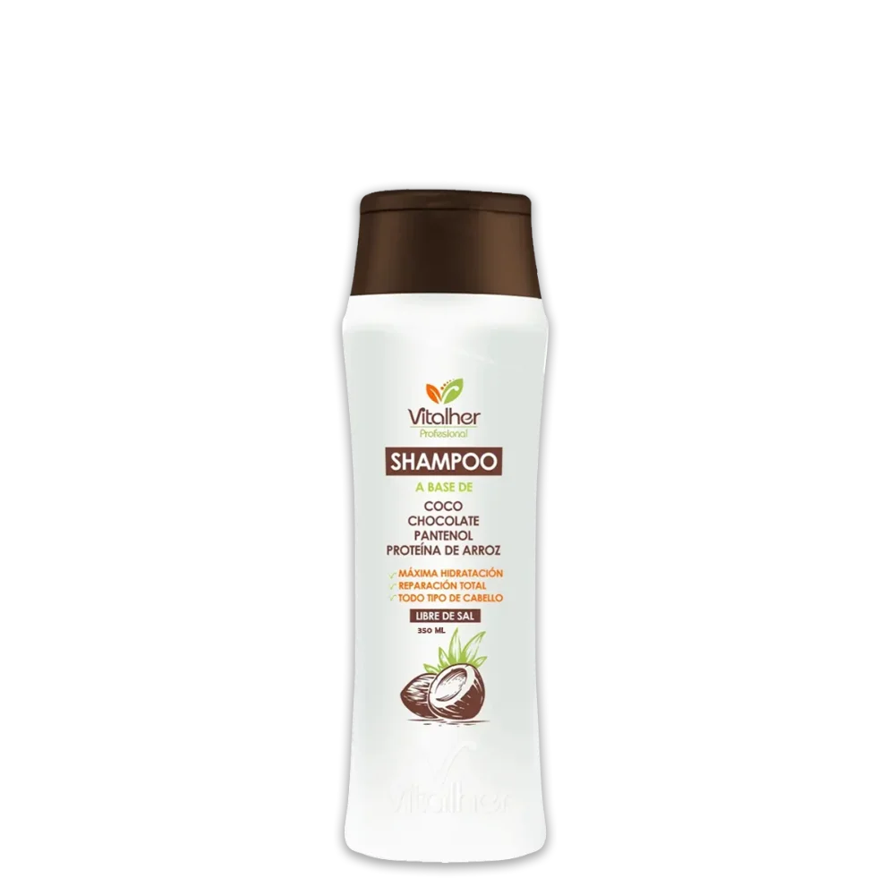 SHAMPOO CAPILAR COCO,CHOCOLATE,PANTENOL Y PROTEINA DE ARROZ VITALHER X 350 ML