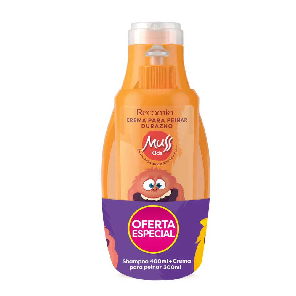 SHAMPOO MUSS KIDS DURAZNO 400 ML + CREMA PARA PEINAR MUSS KIDS DURAZNO 300 ML