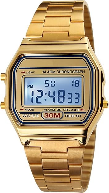 PASOY Reloj Digital para Hombre de Acero Inoxidable Dorado