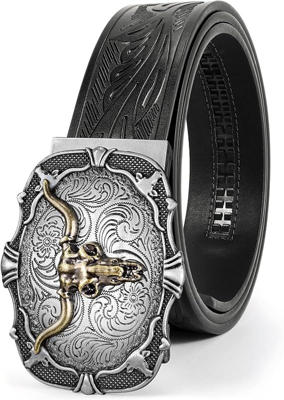 BELTROAD Cinturón Vaquero de Cuero con Trinquete para Hombres (Color Plateado)