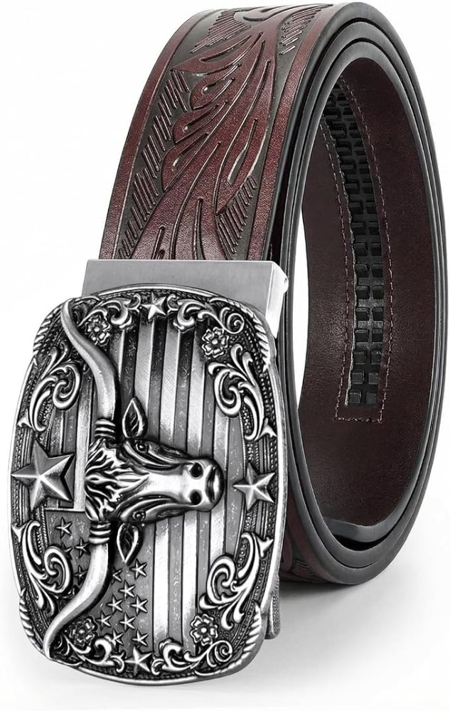 BELTROAD Cinturón Vaquero de Cuero con Trinquete para Hombres (Color Café)