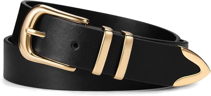 VATAN Cinturón de cuero para mujer (Negro/Hebilla Dorada)