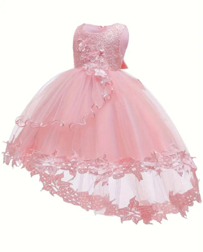 VESTIDO ROSA  FLORES LENTEJUELA COLA DE PATO