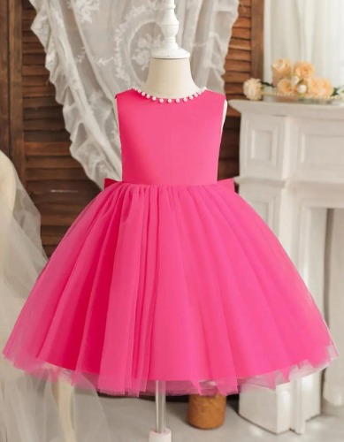 VESTIDO PRINCESA SATIN LAZO DECORADO PERLAS VERDE/FUCSIA