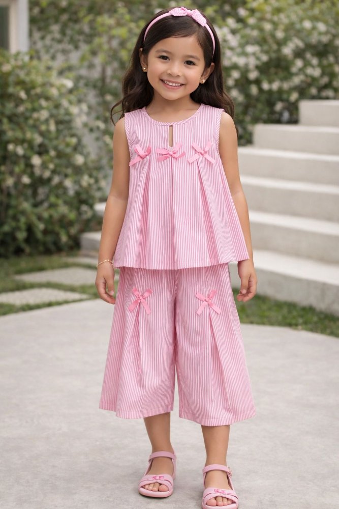 Conjunto Infantil Rosa Rayas con Lazos