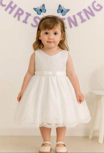 VESTIDO BLANCO PRINCESA ENCAJE TOP FLOR SUTIL