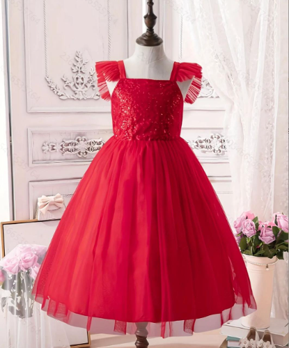 VESTIDO ROJO TOP BRILLOS LARGO MANGA TULL