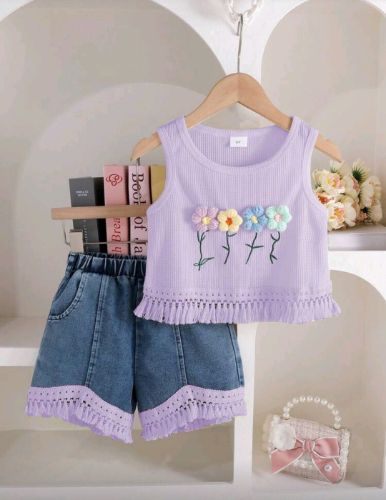BLUSA TEJIDA BADE HILO Y SHORT JEAN HILOS BORDE