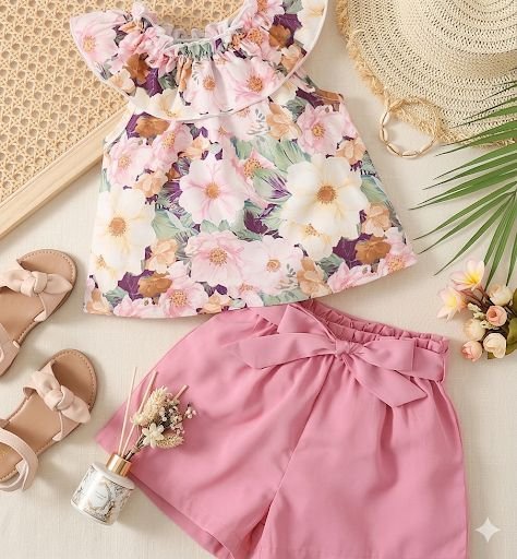 Conjunto de short rosa y blusa floral