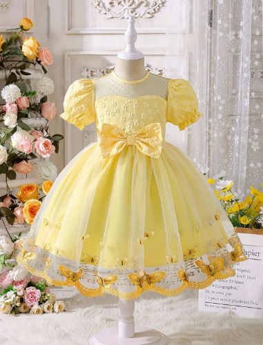 VESTIDO AMARILLO TULL MARIPOSAS BORDADAS
