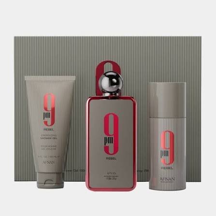 SET AFNAN 9 PM REBEL ( 3 PC ) 3.4 OZ EDP SP / 5.0 OZ SG / 5.0 OZ DEO