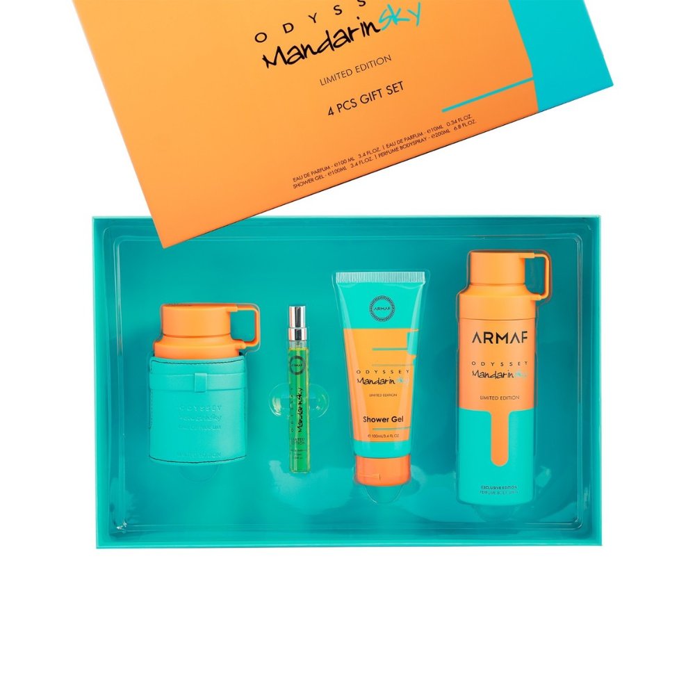 SET ARMAF LUX ODYSSEY MANDARIN SKY LTD MEN ( 4 PC ) 3.4 OZ EDP/0.34 OZ TRAVEL /3.4 SG /6.8 OZ BODY SPRAY