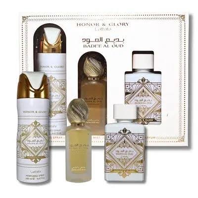 SET LATTAFA BADEE AL OUD HONOR AND GLORY WOMEN( 3 PC )3.4 OZ EDP / 6.7 OZ DEO / 1.7 OZ HAIRMIST