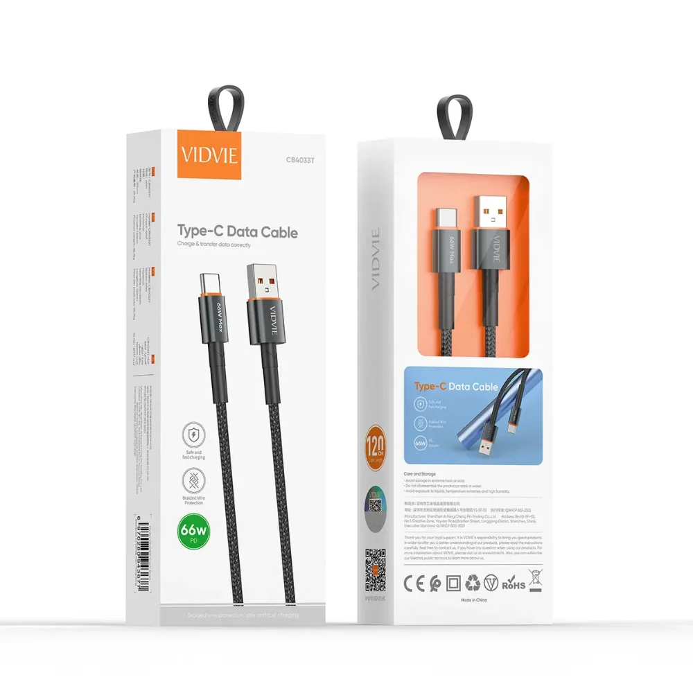 CABLE VIDVIE USB C 66W NEGRO CB4033T
