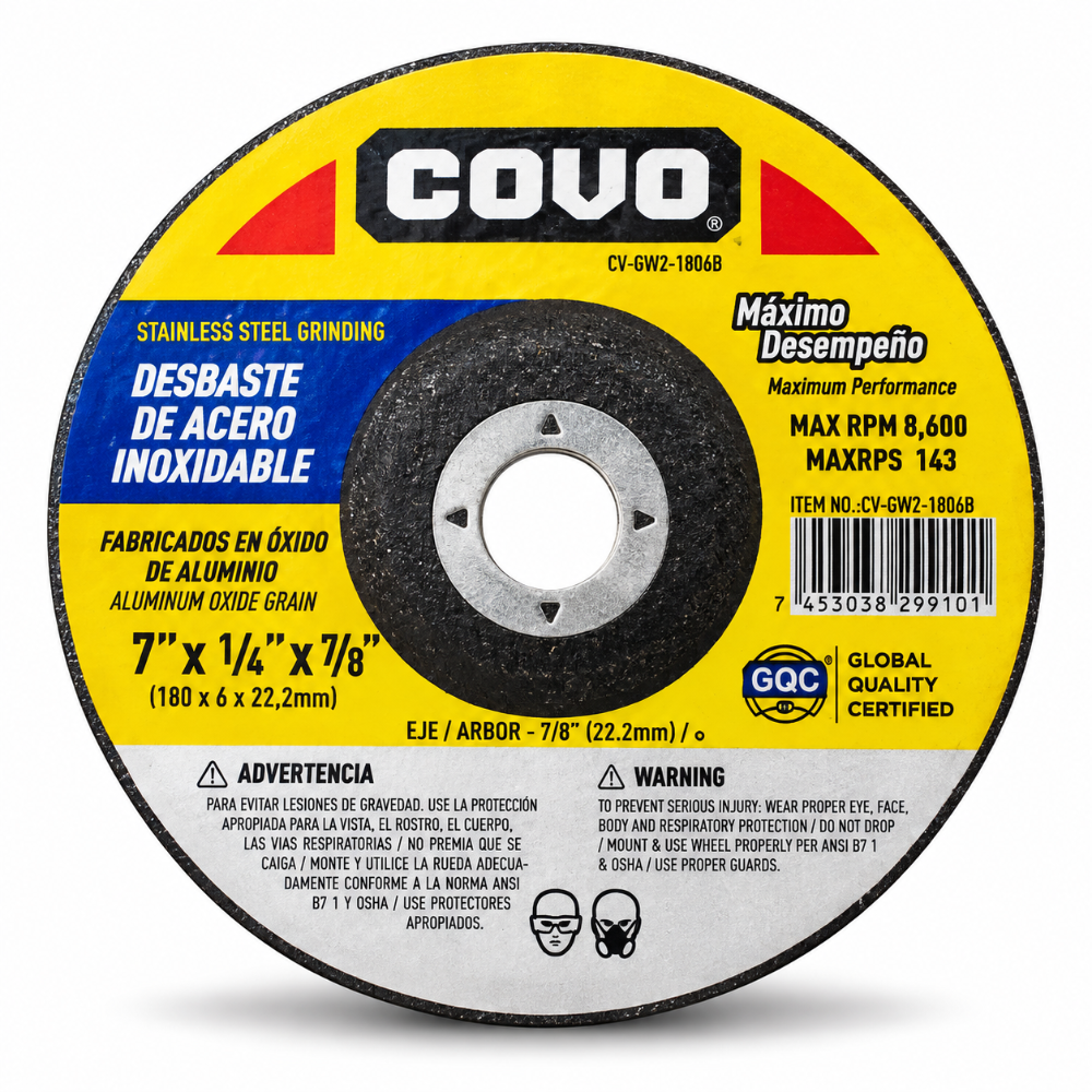 DISCO DE DESBASTE COVO 7" × ¼" × 7/8" PARA ACERO INOXIDABLE