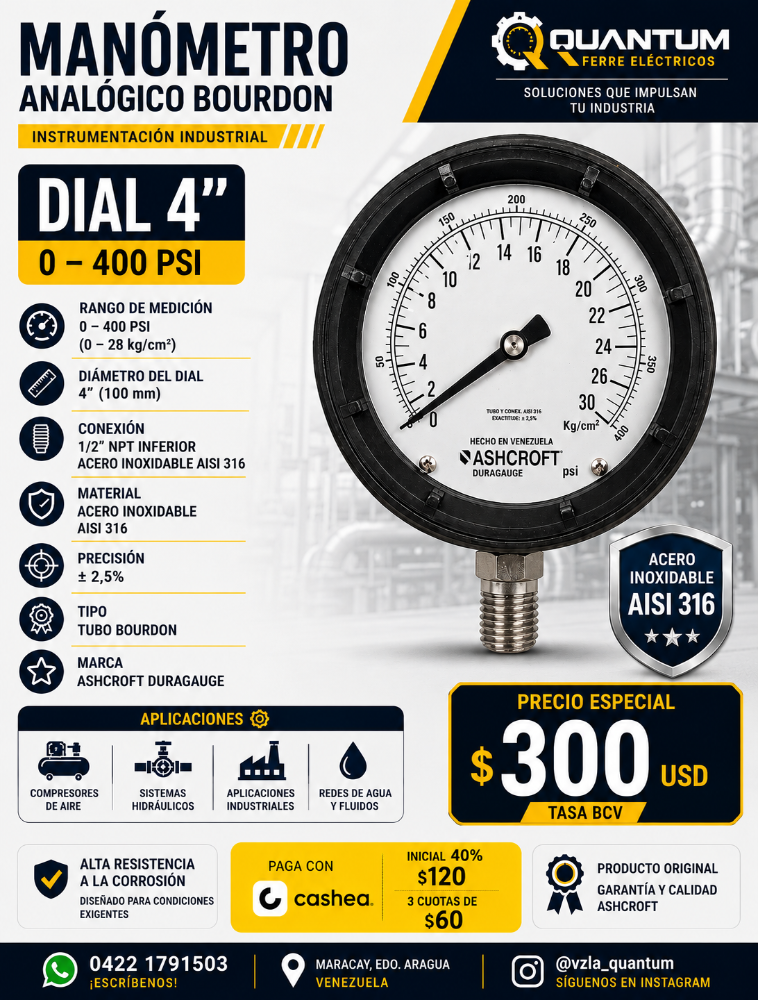 MANÓMETRO ANALÓGICO ASHCROFT DURAGAUGE 0–450 PSI / 0–30 kg/cm²