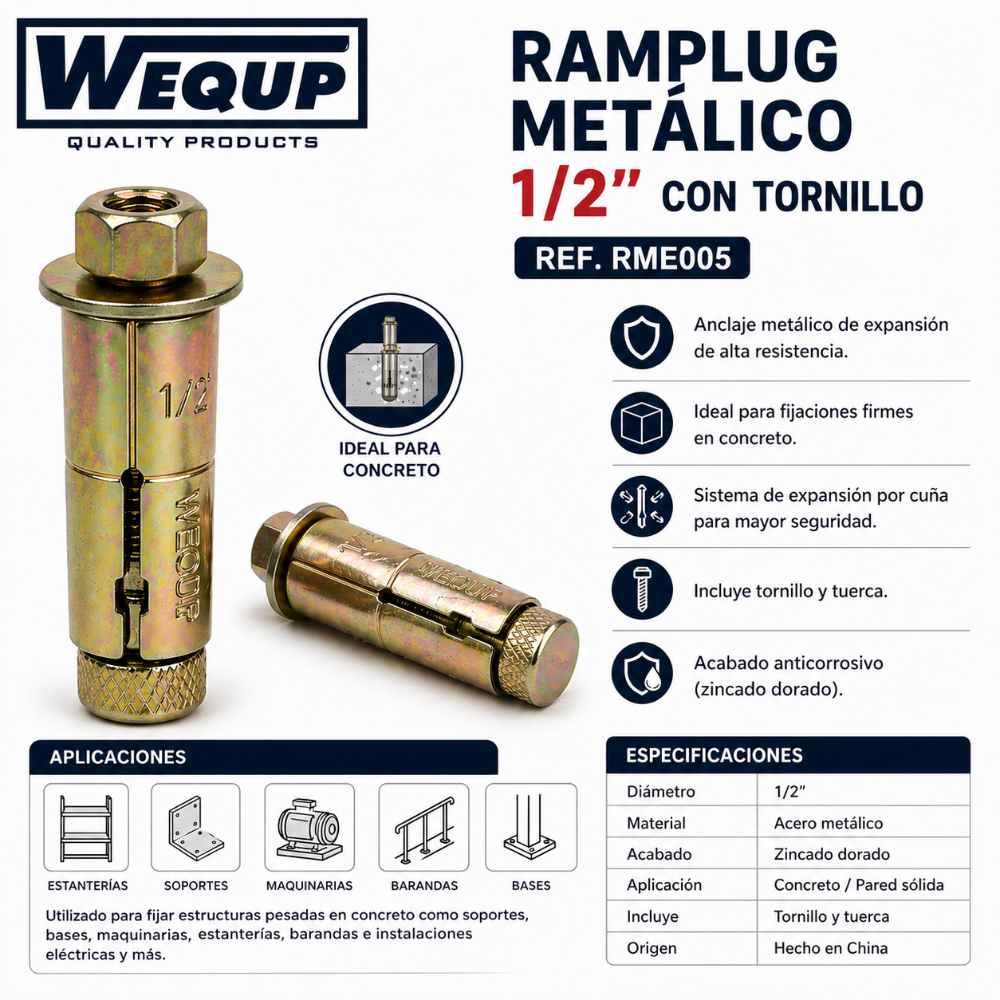 RAMPLUG METÁLICO 1/2" CON TORNILLO WEQUP