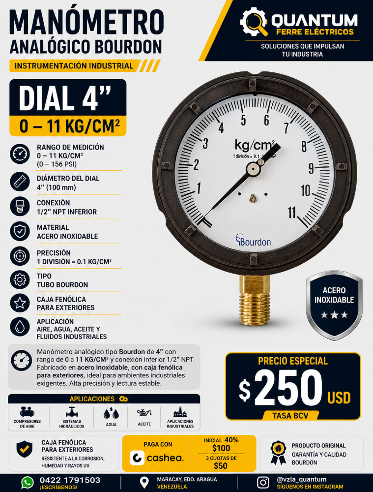 MANÓMETRO BOURDON 0–11 KG/CM² 4" 1/2 NPT INF NEGRO