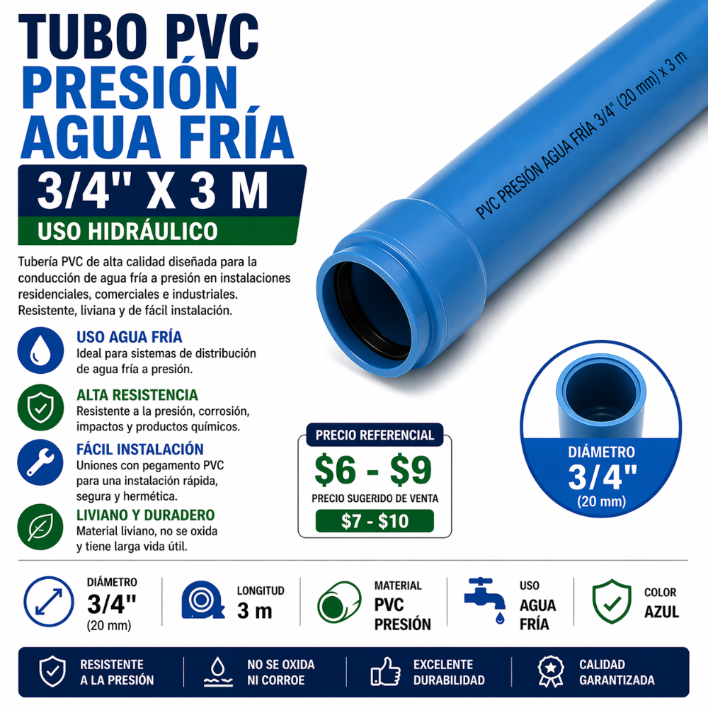 TUBO PVC PRESIÓN AGUA FRÍA 3/4" X 3M