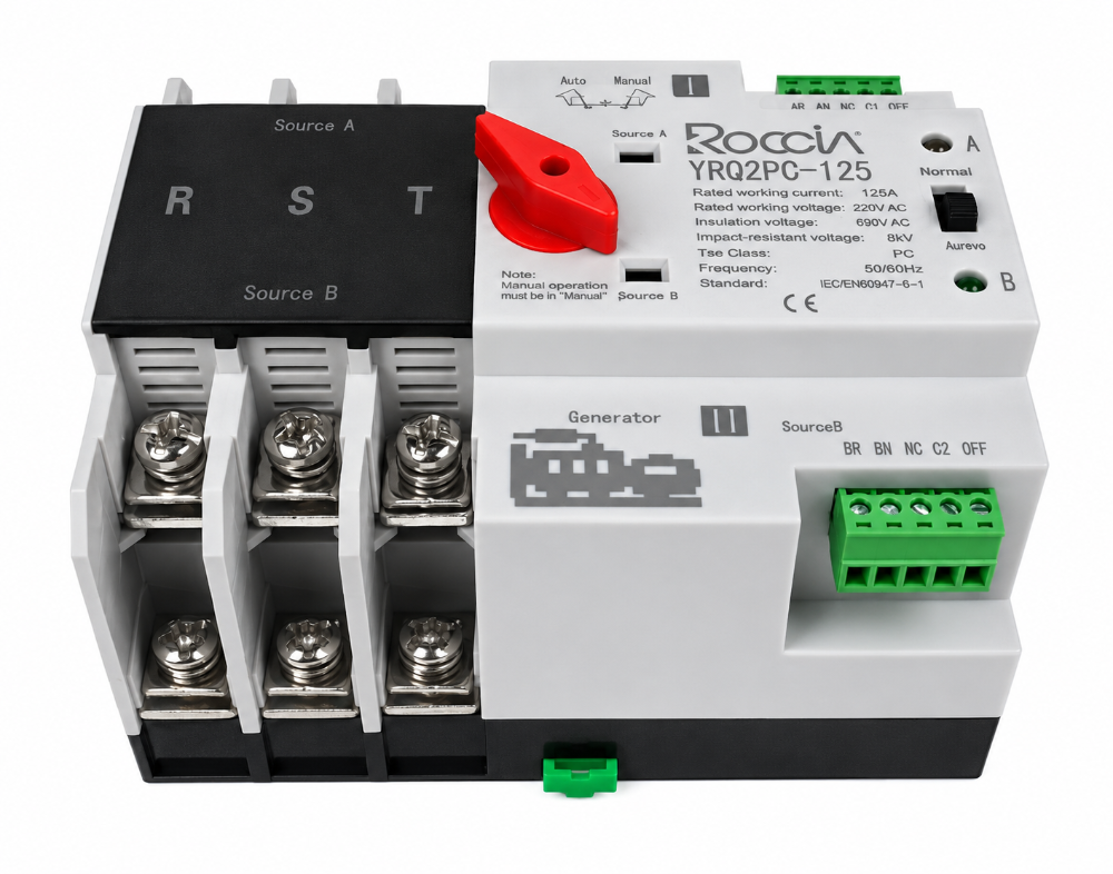 INTERRUPTOR DE TRANSFERENCIA DE POTENCIA DUAL 3P 125A 220V MARCA ROCCIA