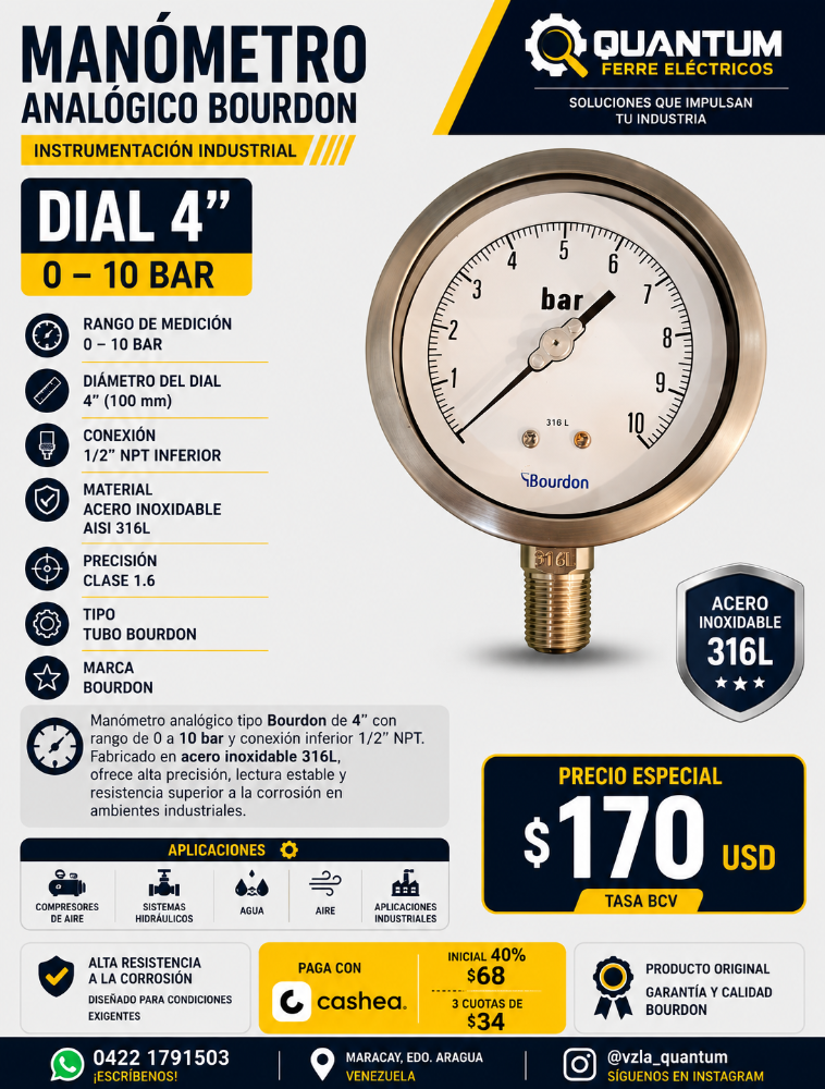 MANÓMETRO BOURDON 0–10 BAR 4" 1/2 NPT INF INOX
