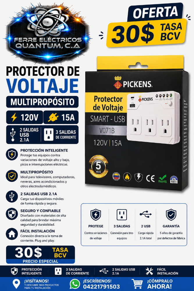 PROTECTOR DE VOLTAJE MULTIPROPOSITO 3 SALIDAS DE CORRIENTE 120V 15A, 2 SALIDAS USB 2.1A
