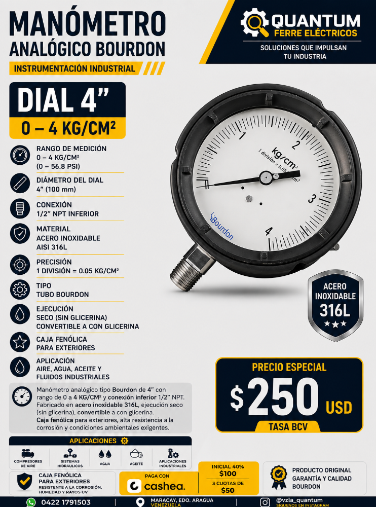 MANÓMETRO BOURDON 0–4 KG/CM² 4" 1/2 NPT INF NEGRO