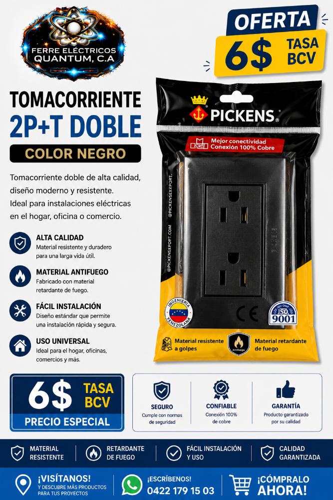 TOMACORRIENTE 2P+T DOBLE COLOR NEGRO