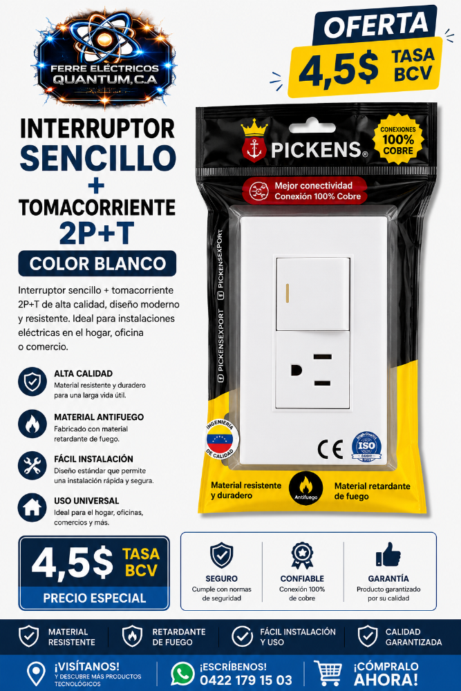 INTERRUPTOR SENCILLO + TOMACORRIENTE 2P+T COLOR BLANCO