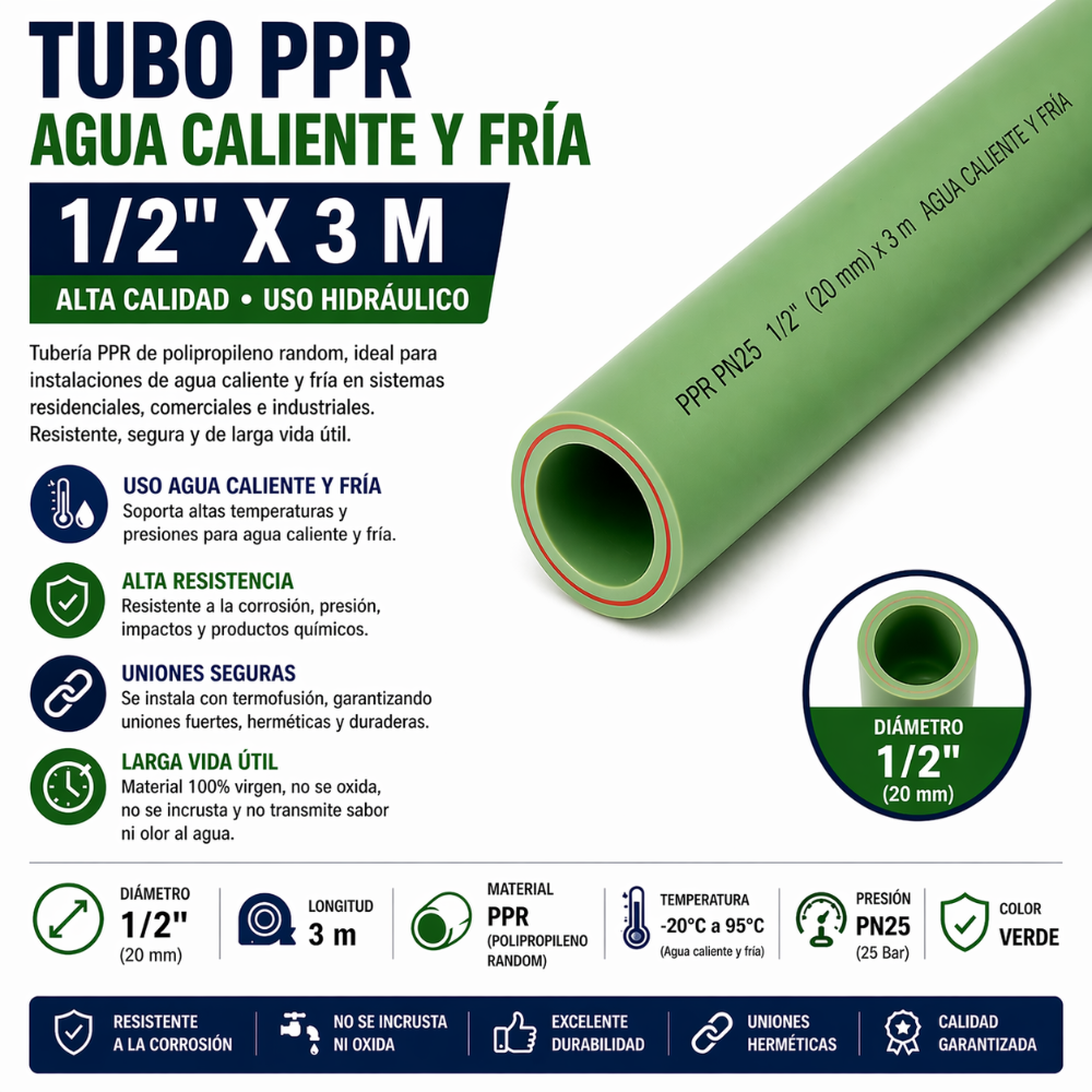 TUBO PPR AGUA CALIENTE Y FRÍA 1/2" X 3M PN20