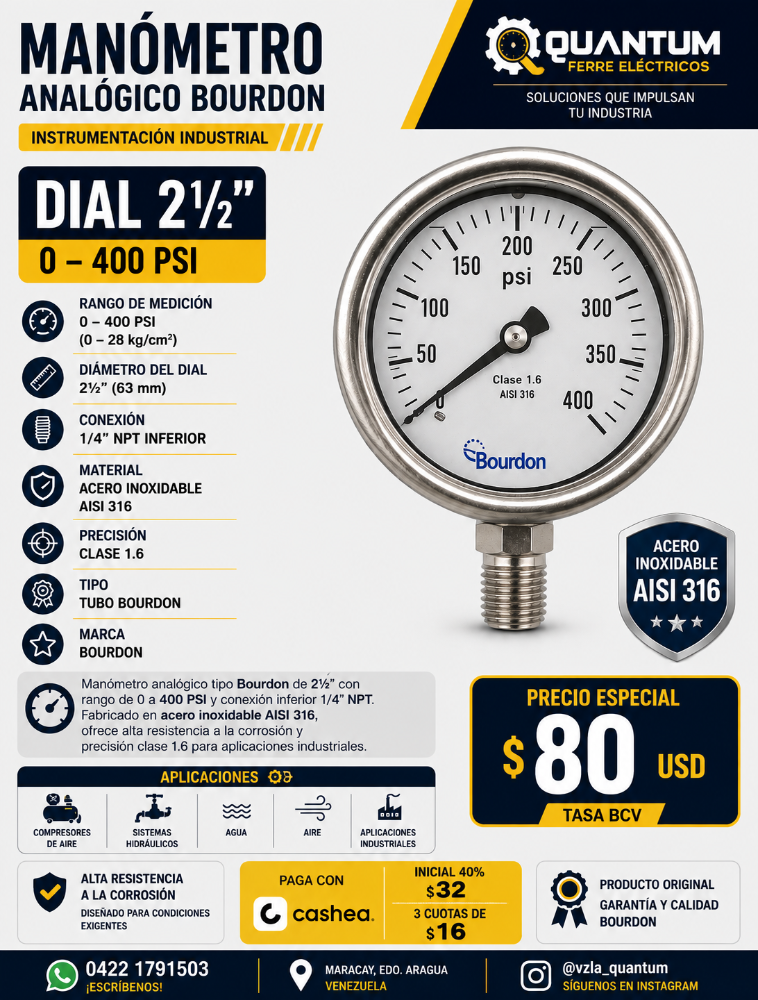 MANÓMETRO ANALÓGICO BOURDON 0–400 PSI ACERO INOXIDABLE 2.5" NPT 1/4 INFERIOR