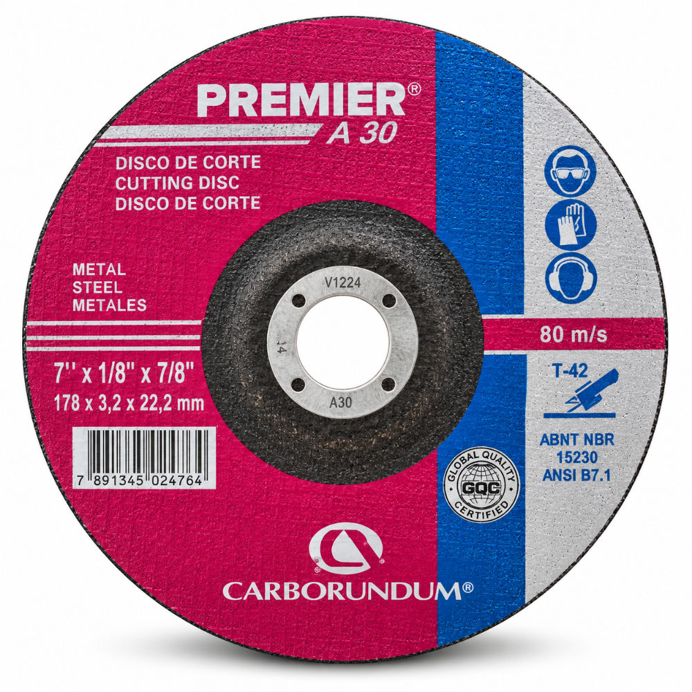 DISCO DE CORTE CARBORUNDUM PREMIER A30 7" × 1/8" × 7/8" PARA METAL