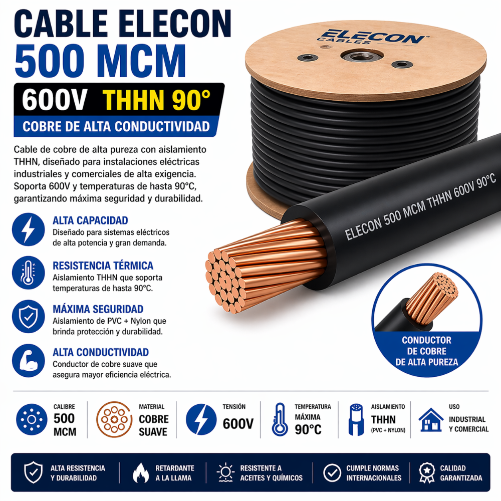 CABLE ELECON 500 MCM THHN 600V 90°C COBRE POR METRO