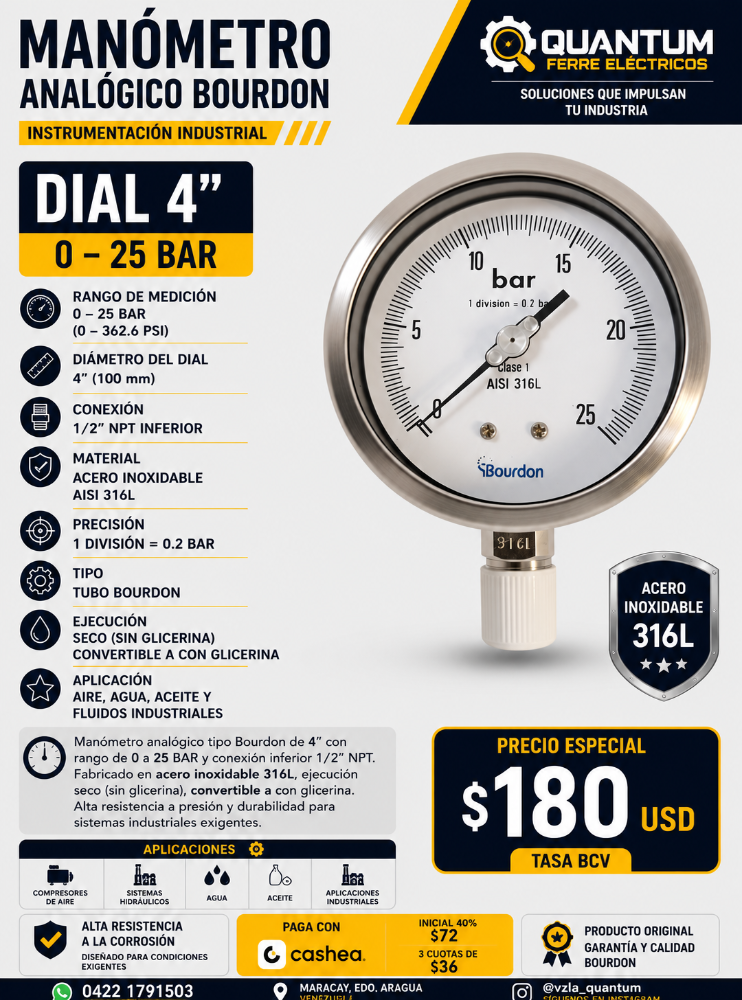 MANÓMETRO BOURDON 0–25 BAR 4" 1/2 NPT INF INOX