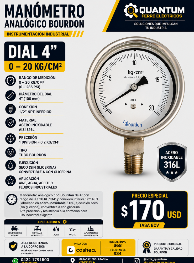 MANÓMETRO BOURDON 0–20 KG/CM² 4" 1/2 NPT INF INOX