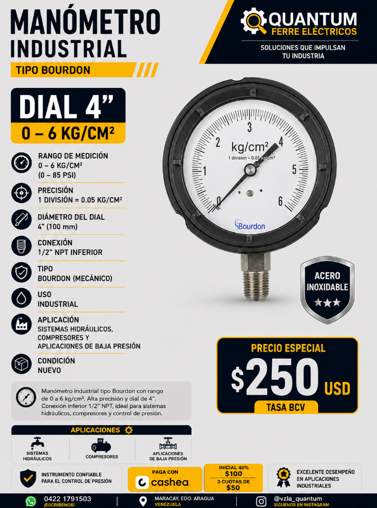 MANÓMETRO INDUSTRIAL 0-6 KG/CM² TIPO BOURDON 4" NPT 1/2 INFERIOR