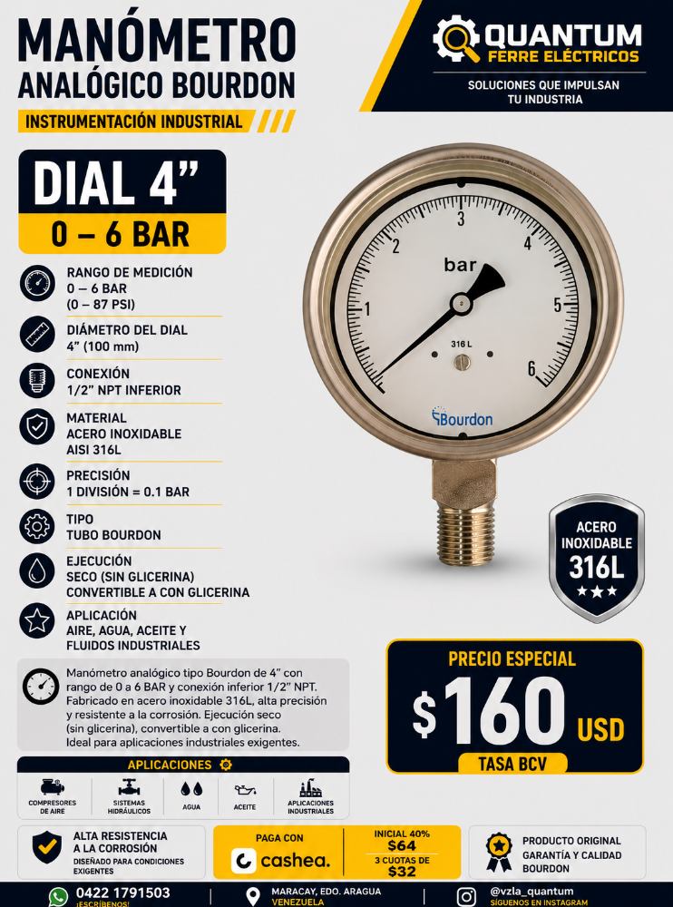MANÓMETRO BOURDON 0–6 BAR 4" 1/2 NPT INF INOX