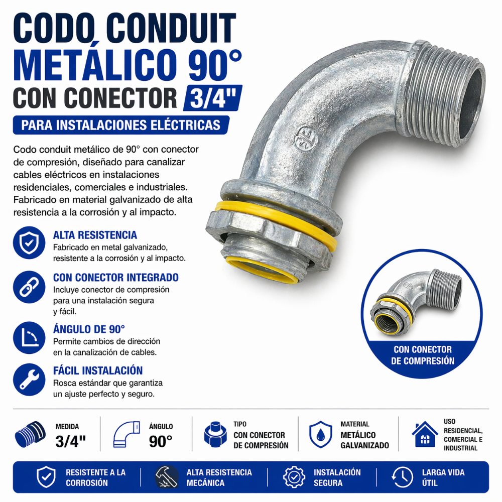 CODO CONDUIT METÁLICO 90° CON CONECTOR 3/4"