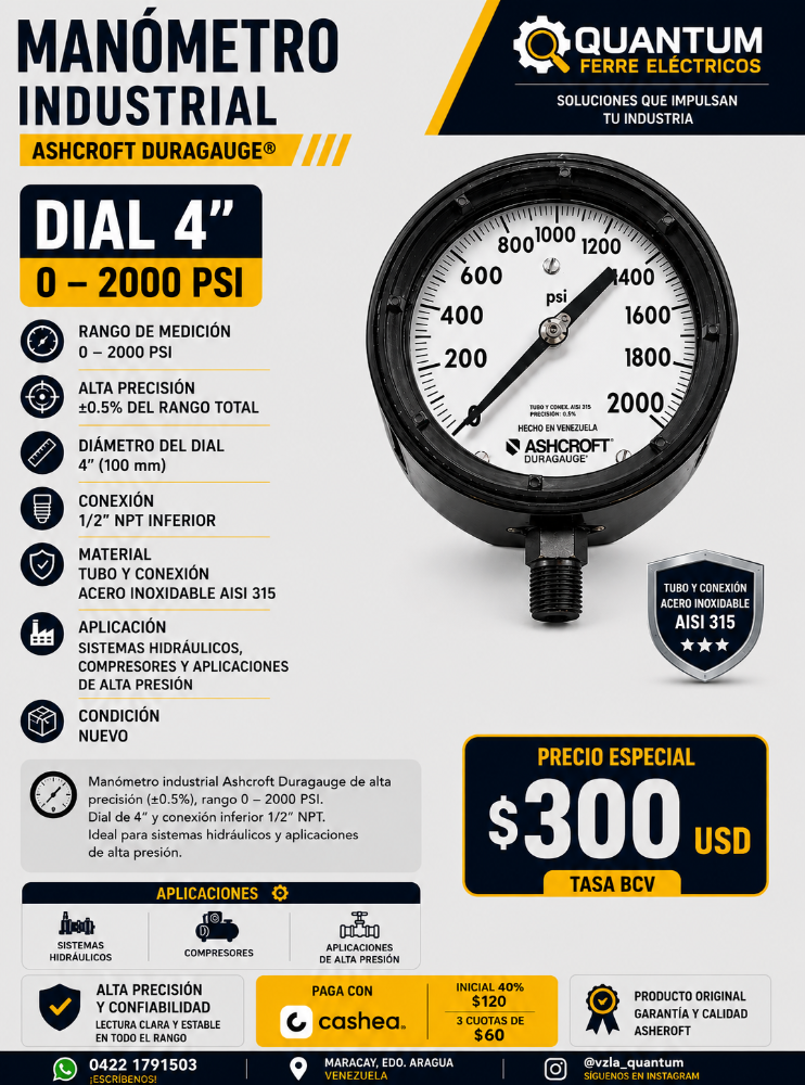 MANÓMETRO INDUSTRIAL 0-2000 PSI ASHCROFT DURAGAUGE 4" NPT 1/2 INFERIOR