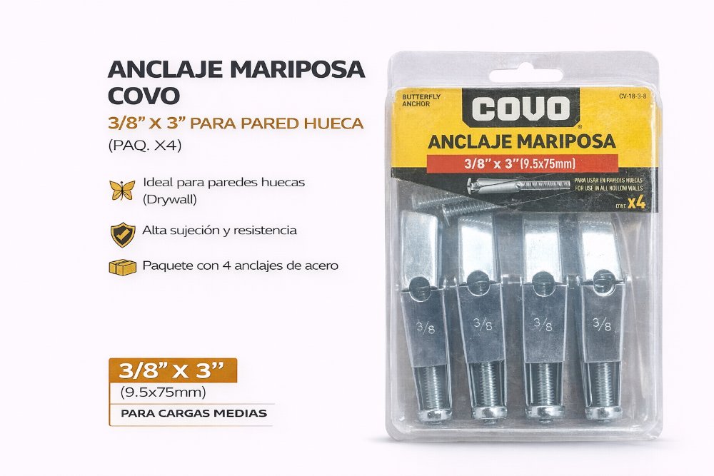 ANCLAJE MARIPOSA COVO 3/8" X 3" PARA PARED HUECA (PAQ. X4)