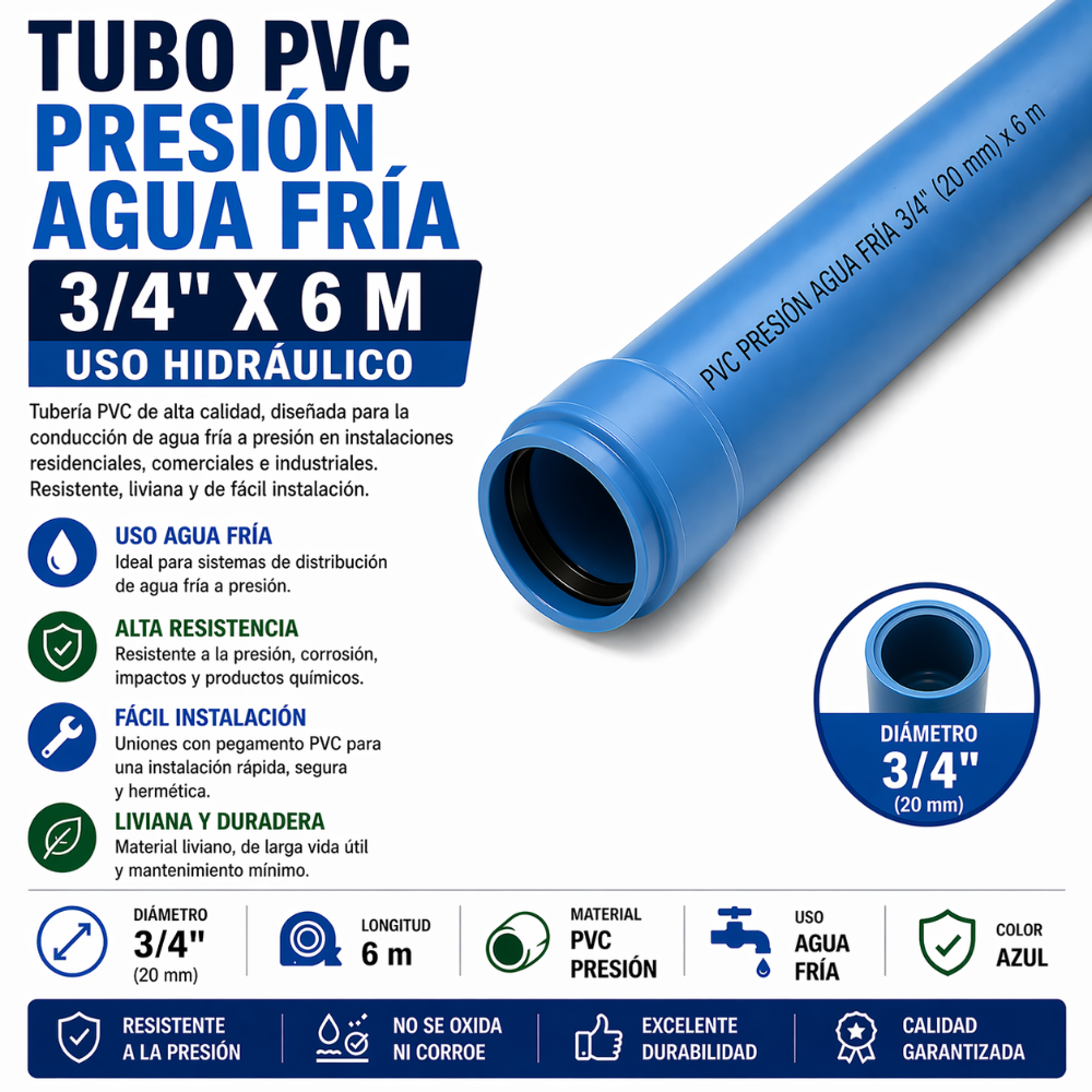 TUBO PVC PRESIÓN AGUA FRÍA 3/4" X 6M