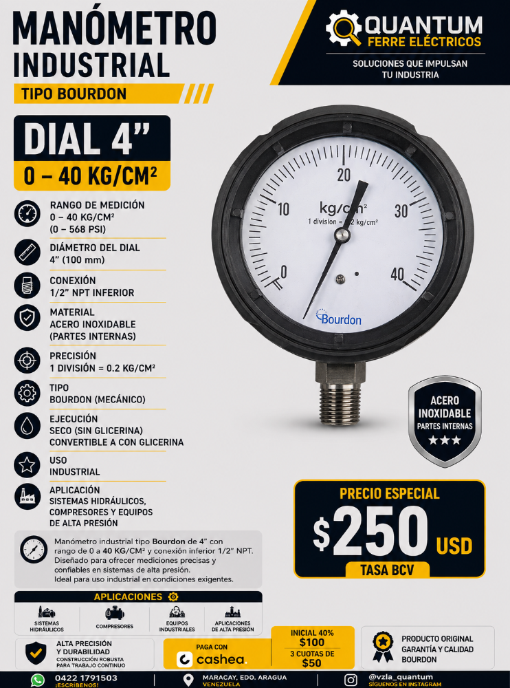 MANÓMETRO INDUSTRIAL 0-40 KG/CM² TIPO BOURDON 4" NPT 1/2 INFERIOR
