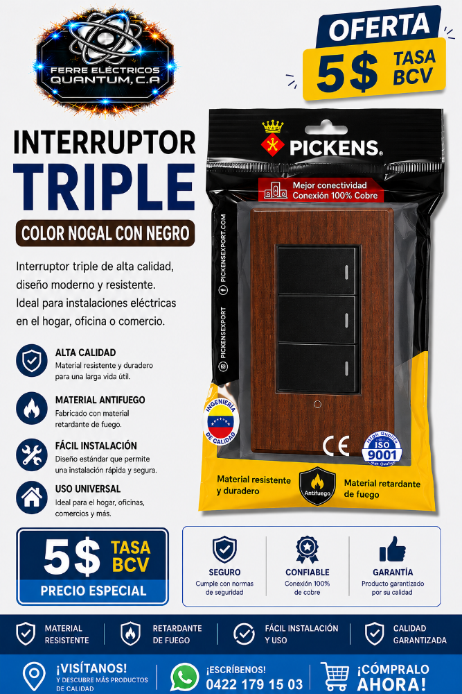 INTERRUPTOR TRIPLE MODULOS COLOR NOGAL CON NEGRO